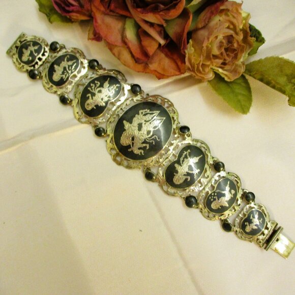 Vintage SIAM STERLING Nielloware Bracelet: Thai Deity Panel Link Bracelet - Picture 12 of 15